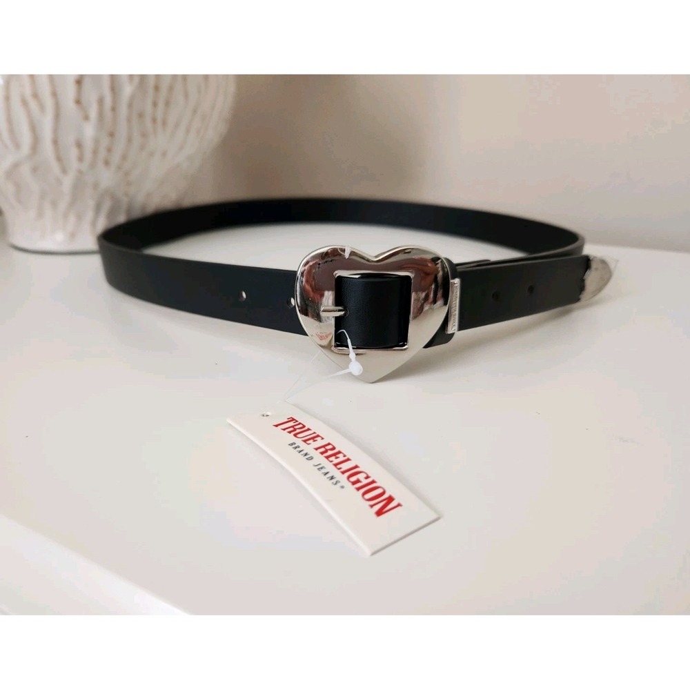 True Religion Silver Heart Buckle Belt Womens Faux Leather‎ Belt Black Size L/XL